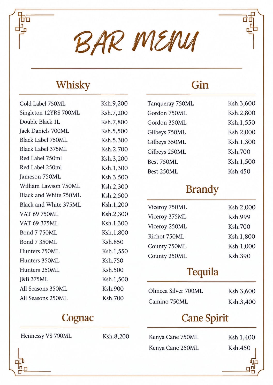 LE-VOYAGE bar spirits and whisky menu
